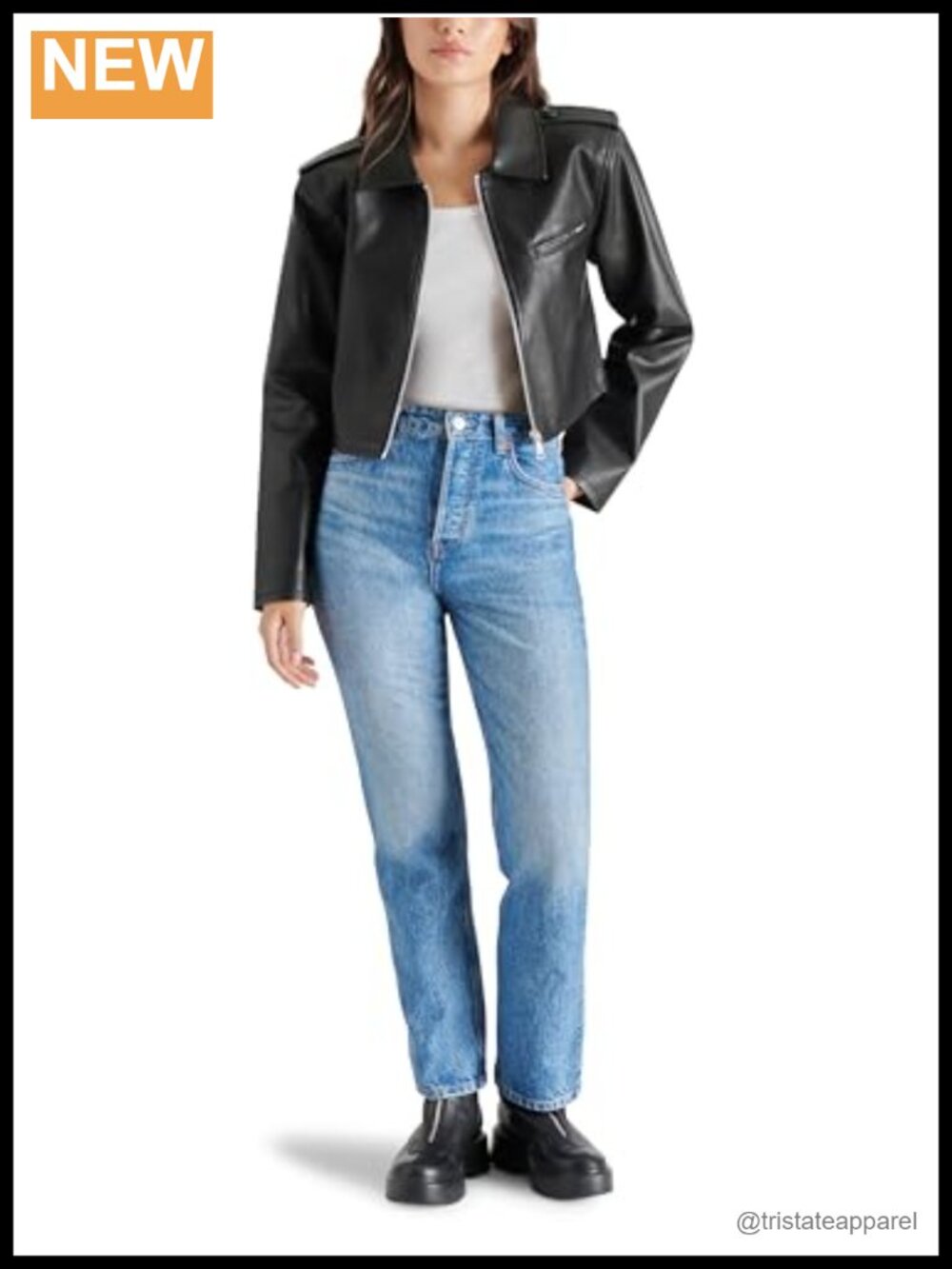 Washed Vegan Leather Aviator Jacket Long Sleeve Zip Front Water Resistant